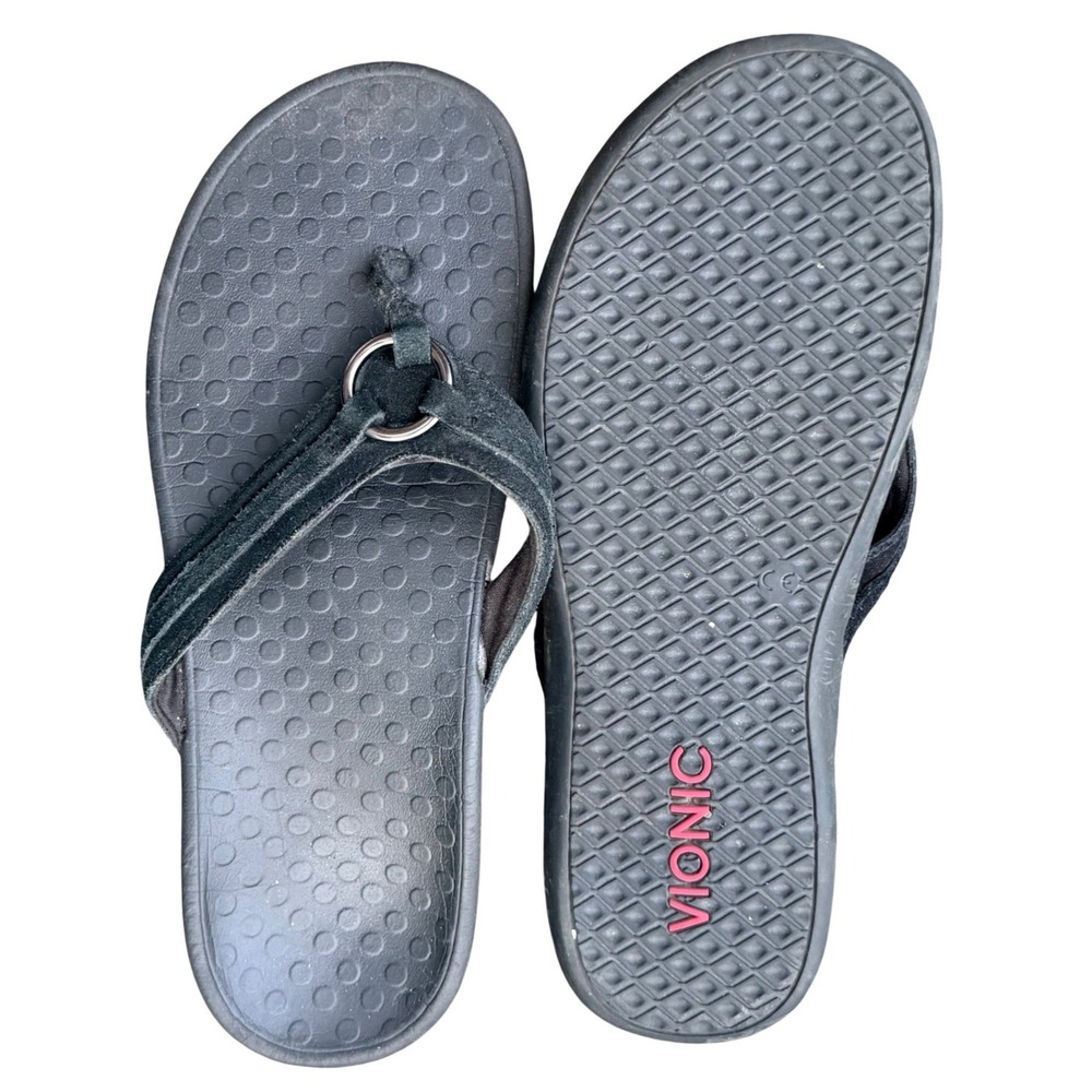 Vionic Black Suede Orthotic Thong Sandals O-Ring Flip Flops‎ Womens Arch Support